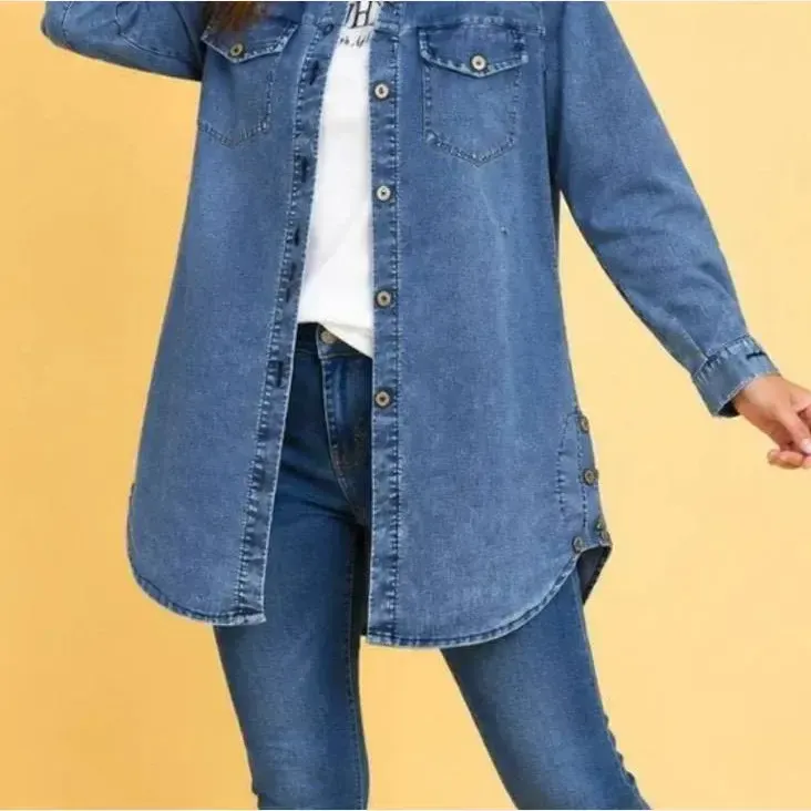 مانتو جین زنانه بغل دکمه رنگ آبی فری سایز