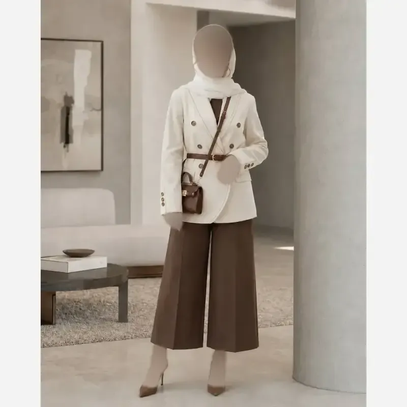 کت و شلوار زنانه کرپ مازراتی رنگ قهوه ای مدل مارال
