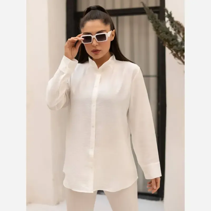شومیز کرسپو یقه ایستاده سفید فری سایز