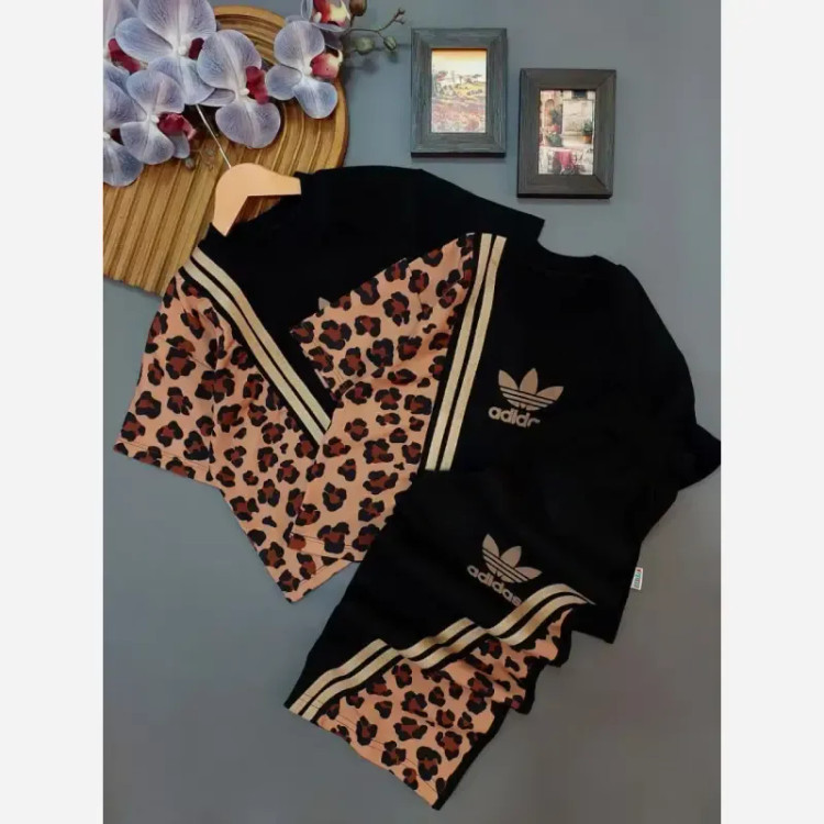 ست کراپ شلوار دخترانه طرح پلنگی آستین کوتاه پنبه بوگاتی سایز 45 تا 60