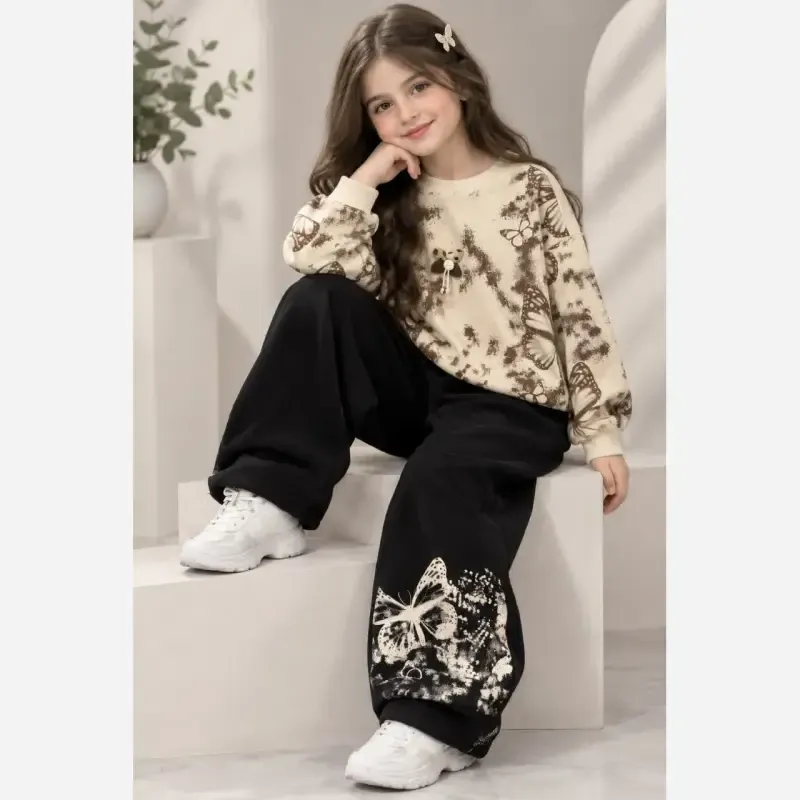 ست بلوز شلوار دخترانه دورس طرح پروانه سایز 45 تا 65